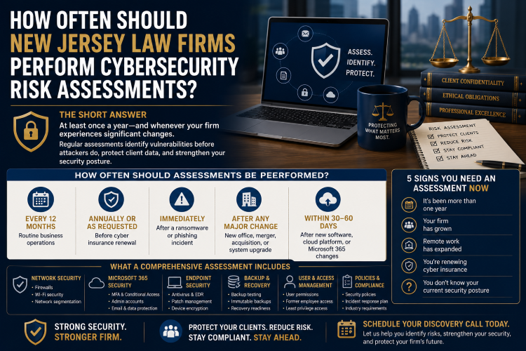 Infographic showing cybersecurity risk assessment frequency for New Jersey law firms